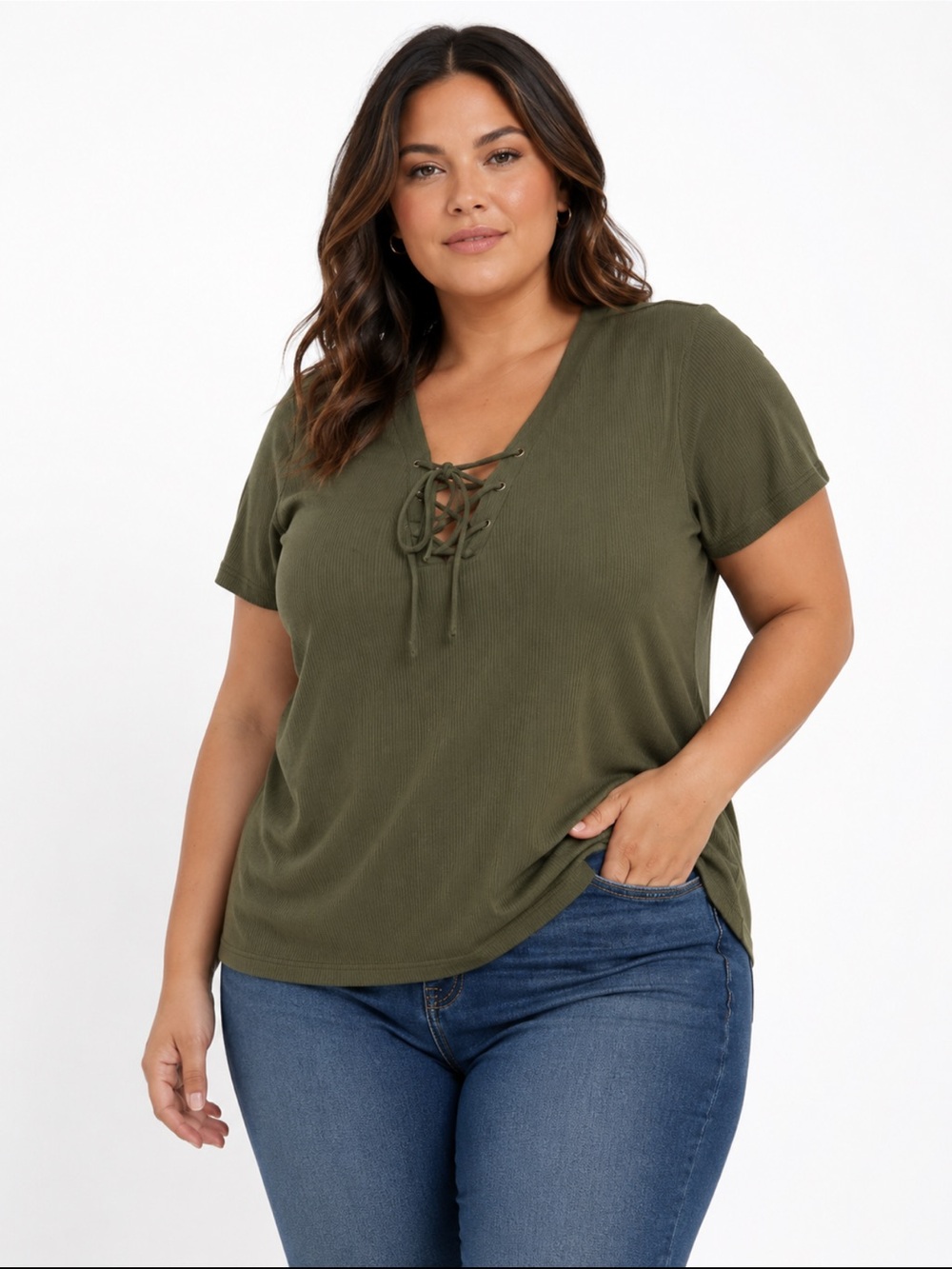 Rue+ Olive Green Ribbed Lace Up Short Sleeve Top Stretch Blouse - Size 1X